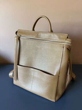 Structured Taupe Leather Backpack Tote with Front Pocket